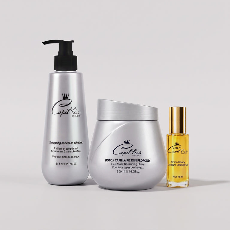 Routine Réparation Intense Capil'liss : shampoing kératine 320 ml, Botox capillaire soin profond et sérum Amino Honey