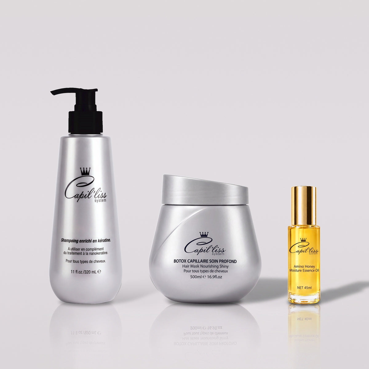 Routine Réparation Intense Capil'liss : shampoing kératine, botox capillaire et sérum Amino Honey