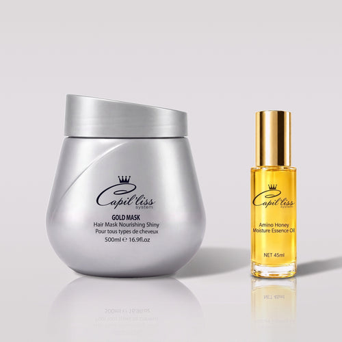 Duo Brillance & Anti-frisottis Capil'liss : masque Poudre d'Or et sérum Amino Honey