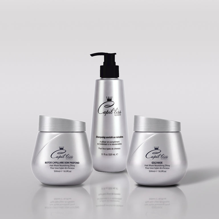 Kit Gold Care Capil’liss : Botox capillaire, shampoing kératine 320 ml et Gold Mask